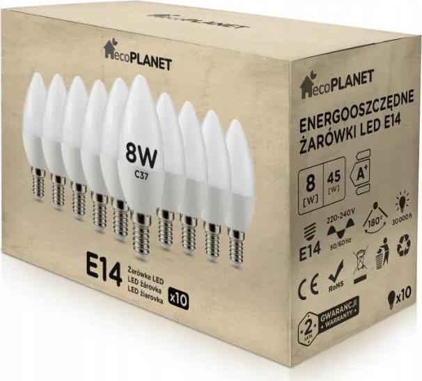 ecoPLANET 10x LED žárovka E14 svíčka 8W